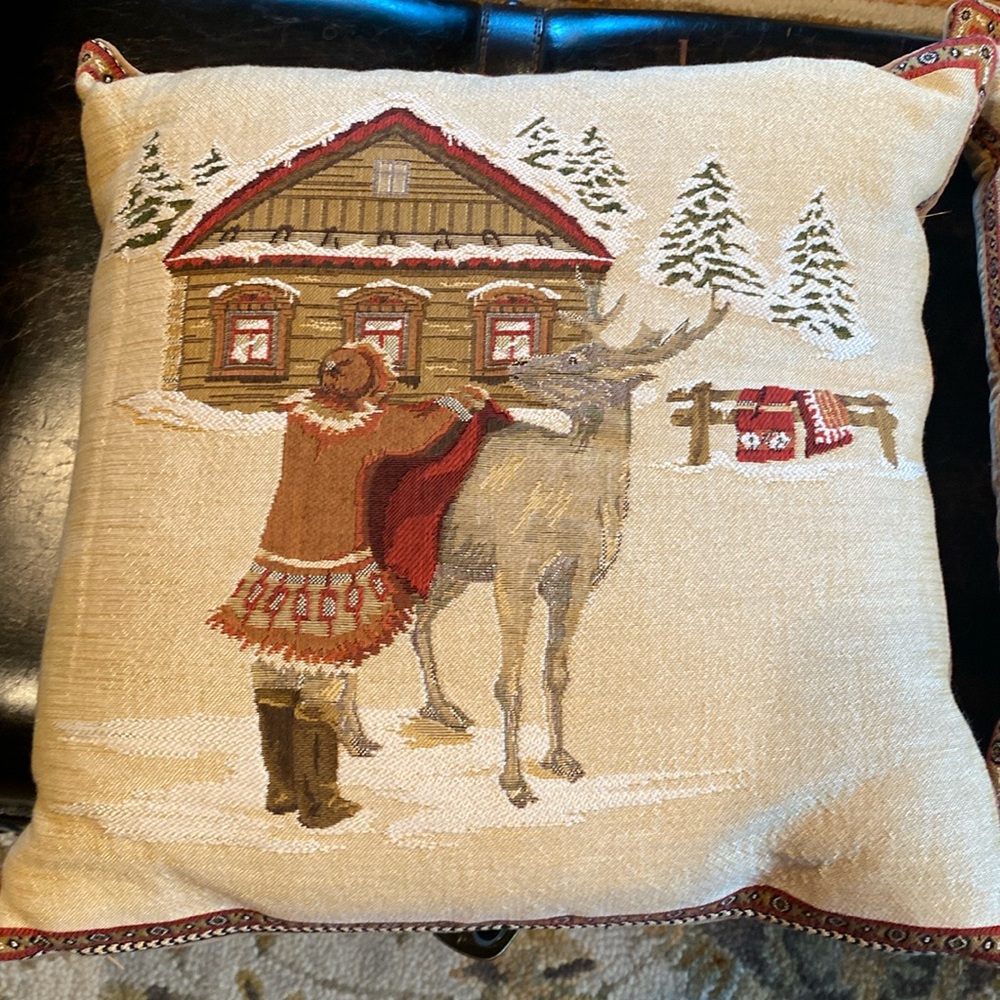 Ski chalet down filled decorative pillow cream, brown, green, red, white 16”x16”